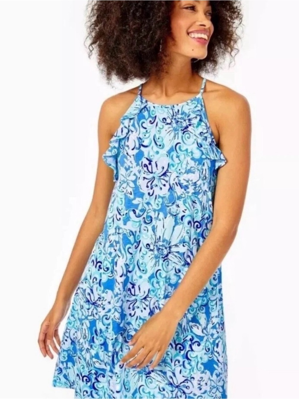 Lilly Pulitzer Aqua & Blue Floral Halter Maxi Sundress Suns Out Funs Out XXL